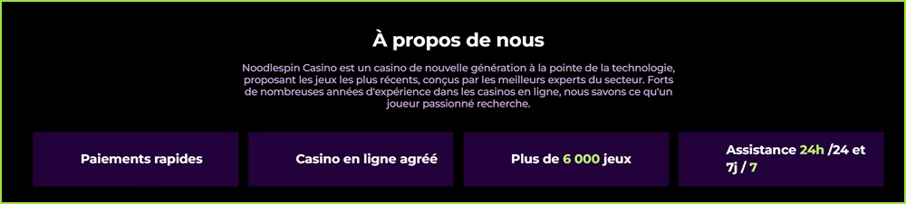 Les quatre promesses affichées par NoodleSpin : paiements rapides, casino agréé, plus de 6 000 jeux et assistance 24 h/24
