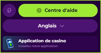 Menu NoodleSpin avec l'application du casino, le Centre d'aide et le sélecteur de langue