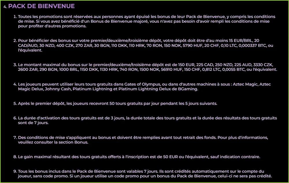 Conditions du Welcome Package NoodleSpin avec les dépôts minimums, les Free Spins, le wagering et le gain maximal