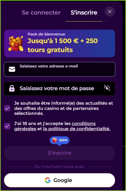Formulaire d'inscription NoodleSpin affichant le pack de bienvenue jusqu'à 1 500 € et 250 tours gratuits