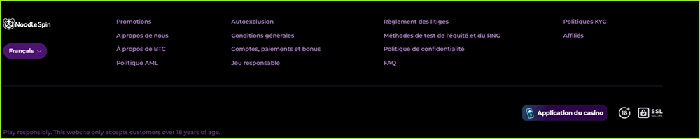Pied de page NoodleSpin avec les documents, les politiques, les conditions KYC, le jeu responsable et le sceau SSL