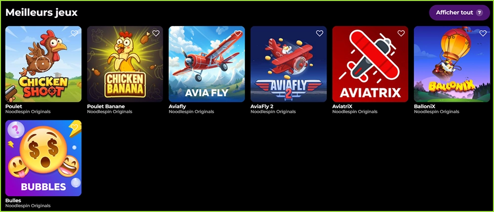 Les sept jeux NoodleSpin Originals affichés dans la section Meilleurs jeux
