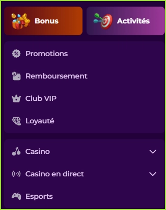 Menu latéral NoodleSpin avec les sections Casino, Casino en direct, Esports et récompenses