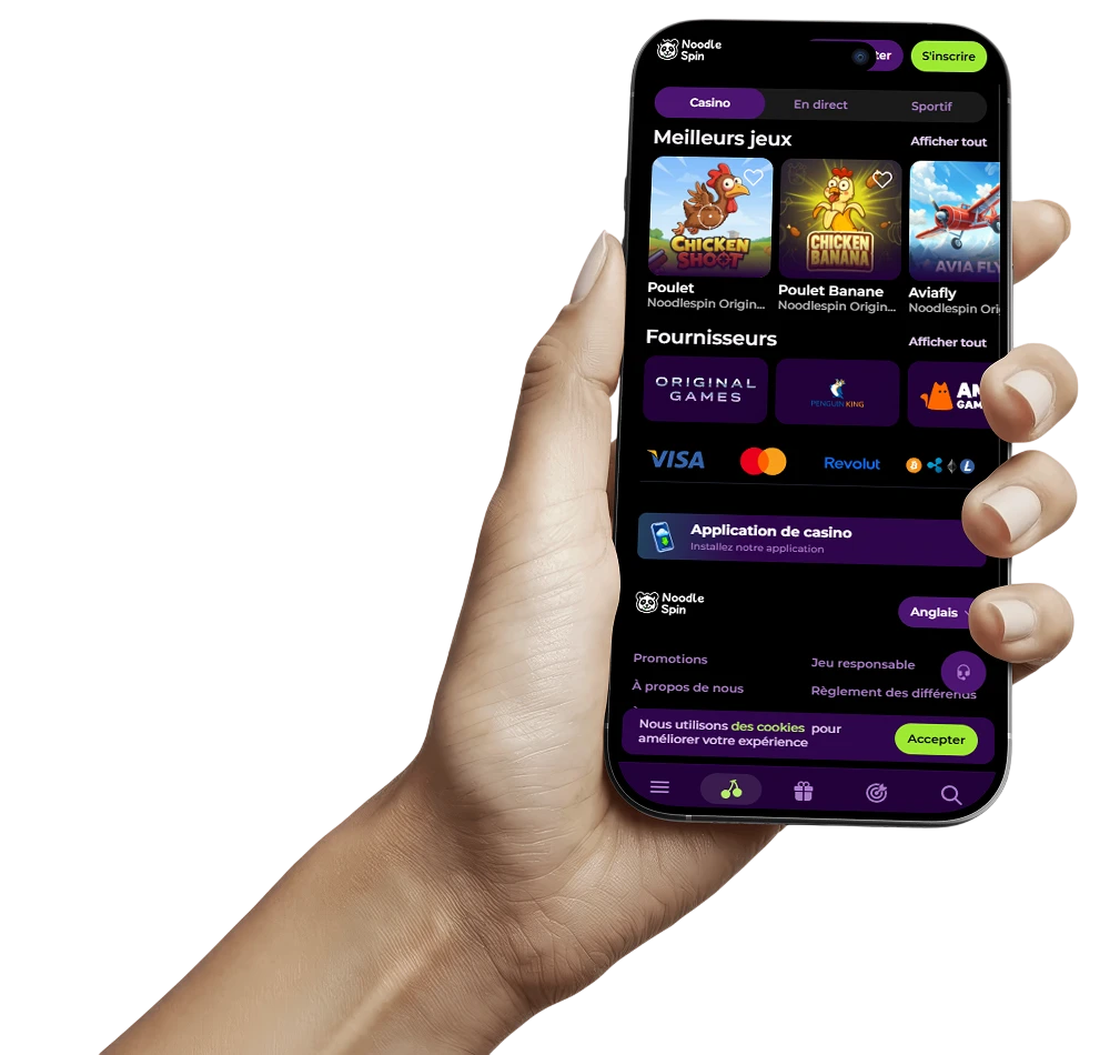 Site NoodleSpin affiché sur smartphone avec les jeux, les fournisseurs et le menu du casino